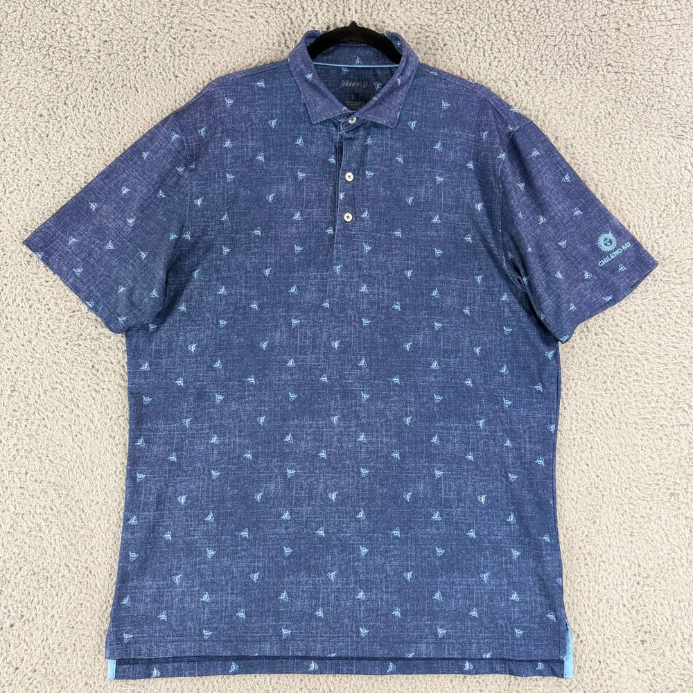 johnnie-O Chileno Bay Polo Mens L Blue Shaka Print Performance UPF 50 Golf Shirt